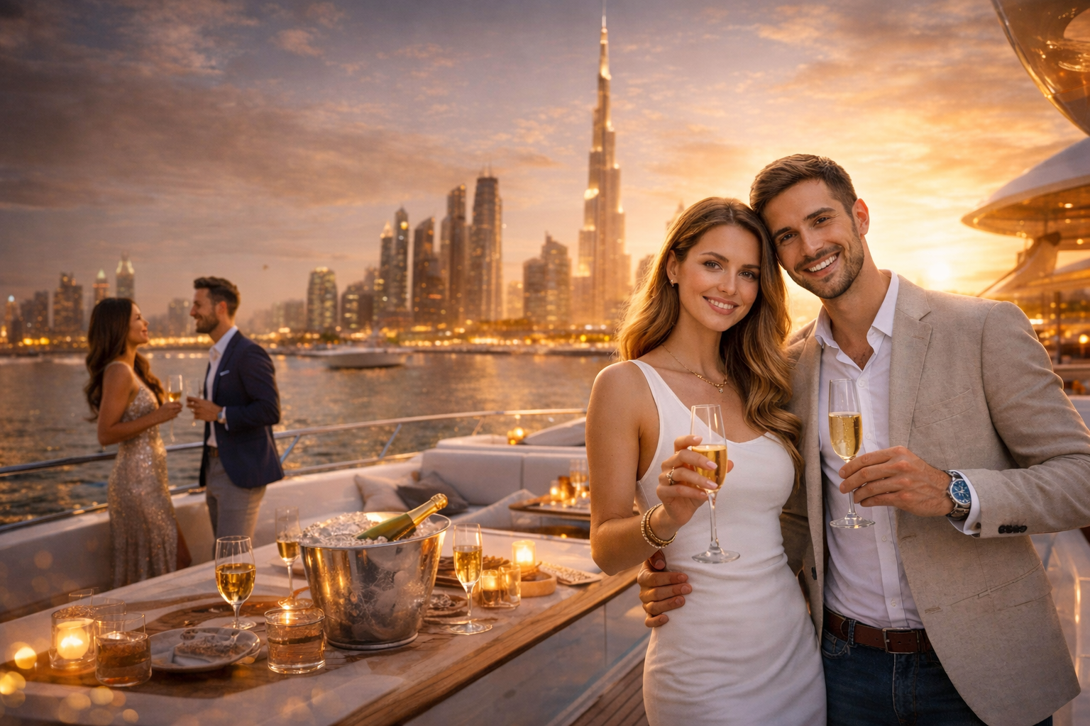 Luxury yacht party in Dubai at sunset